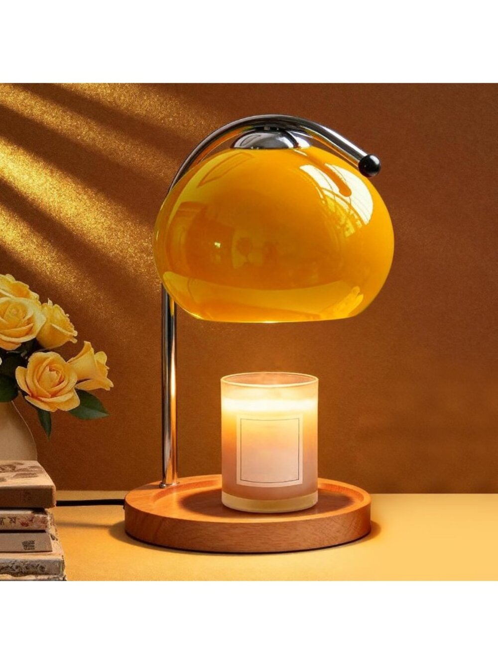 Retro Wood & Glass Aroma Wax Melting Lamp, Yellow Candle Warmer for Home Decor